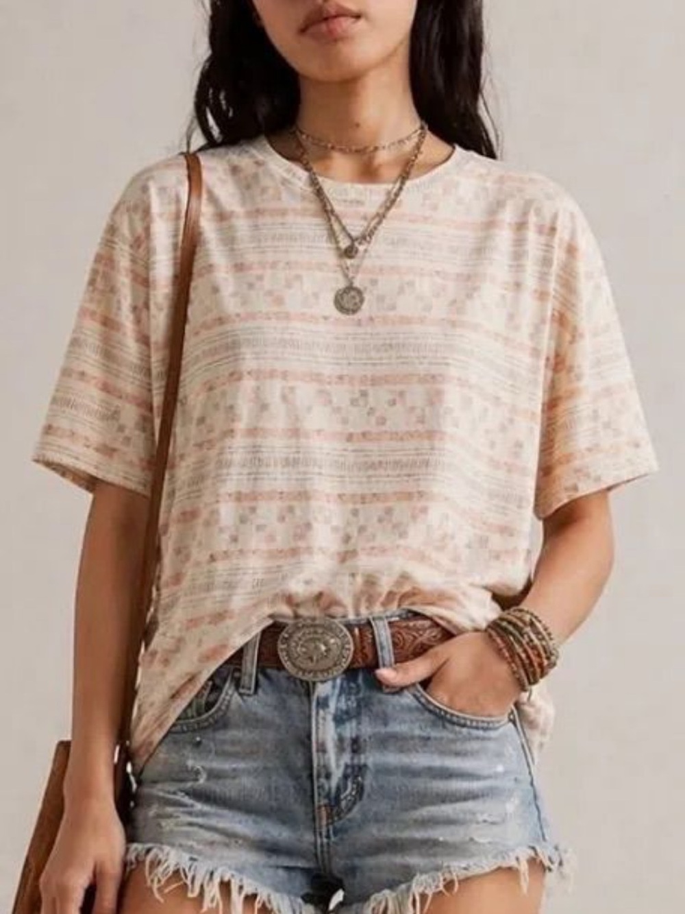 We The Free Cream & Peach Short Sleeve Patterned Tee